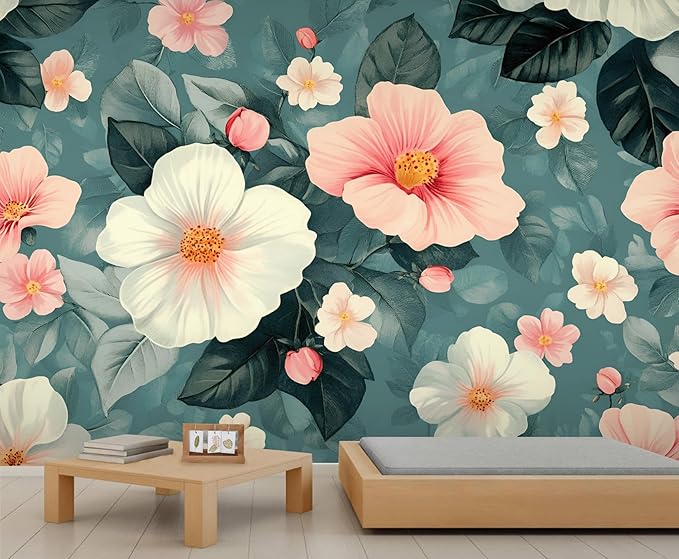 Vintage Hibiscus Flower Wall Mural, Romantic Floral 3D Wall Murals, Botanical Bloom Design Wallpaper Mural, for Living Room Bedroom Large Wallpaper Indoor Decor 197" W x124.8 H