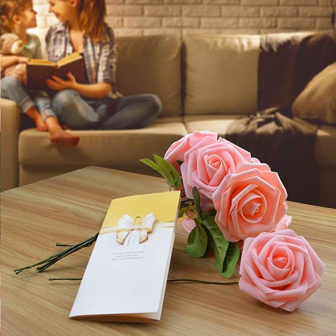 Artificial Flowers Roses 50pcs Pink Roses Wedding Decoration Real Looking Fake Roses w/Stem for DIY Wedding Bouquets Centerpieces Arrangements Party Baby Showers Home Decorations (Peach Pink, 50 pcs)