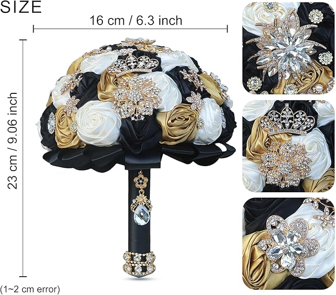Handmade Satin Rose Floral Bling Pearl Decor Bridal Wedding Bouquet Rhinestone Pendant Artificial Brooch Flowers for Bride Bridesmaid Quinceanera