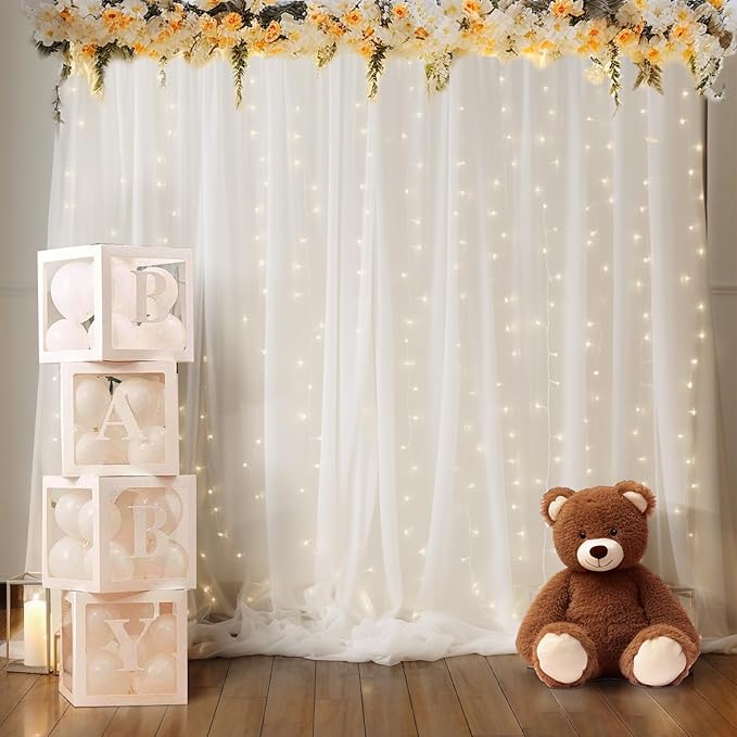 20x10ft White Tulle Backdrop Curtain with Lights String for Parites, Sheer Backdrop Curtains for Wedding Baby Shower Birthday Party Photo Shoot Decorations