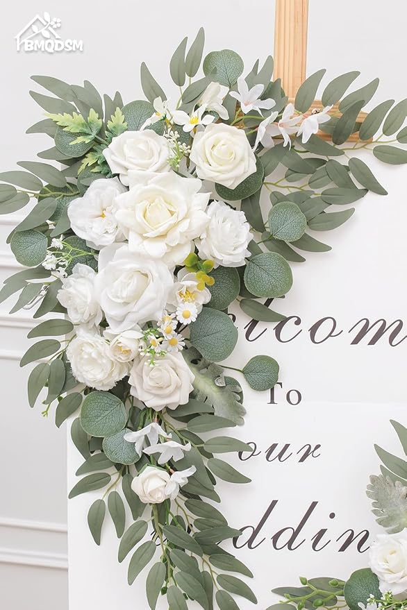 Wedding Arch Faux Flowers Set of 2, Welcome Sign Floral Decoration and Wedding Signs for Ceremony Reception Table Home Decoration (2ps White)