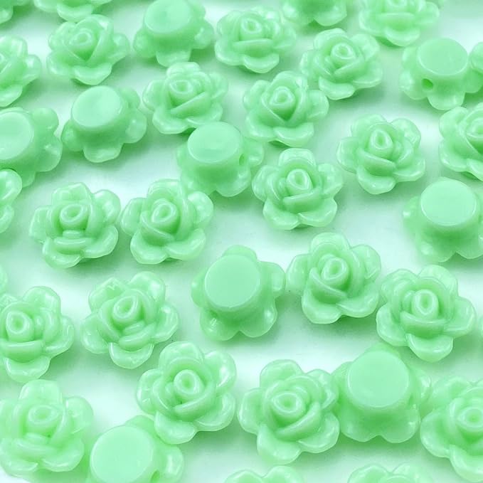200pcs Acrylic Rose Flower Beads Candy Color Flat Back Spacer Beads Loose Pastel Colorful Decor for DIY Crafts Jewelry Making Bracelet Necklace Earrings(Light Green)