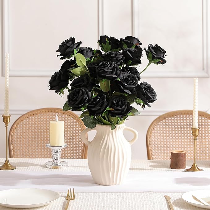 Nubry 24pcs Artificial Silk Roses Bulk,Fake Roses Flower with Stems Realistic Flowers for Wedding Centerpiece Home Party Decor(Black)