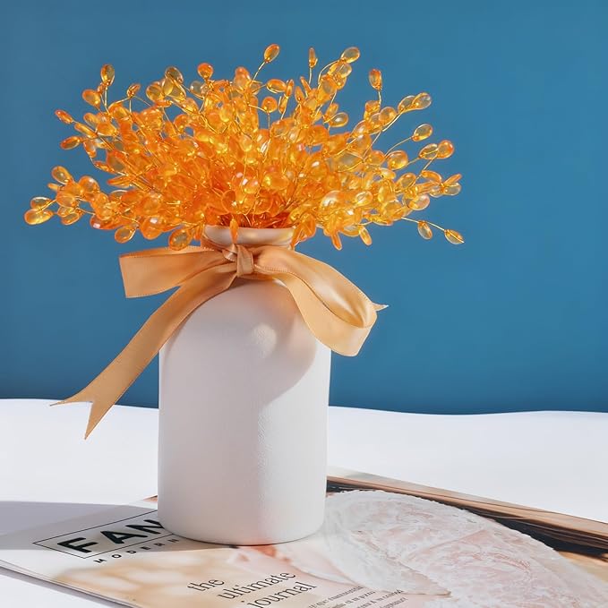 BEIQIYA 25pcs Acrylic Crystal Flower Branches, Artifial Bead Drop Bouquets, Orange Floral Picks Arrangement for Wedding Christmas Thanksgiving Day Home Office Table Top Decortaion