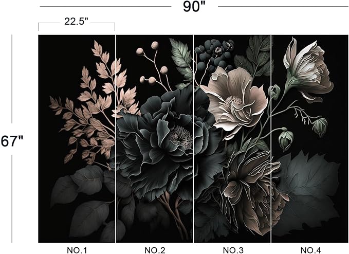 Eierme-Black Background with Flowers and Leaves Mural Wallpaper Peel and Stick 90" x 67"