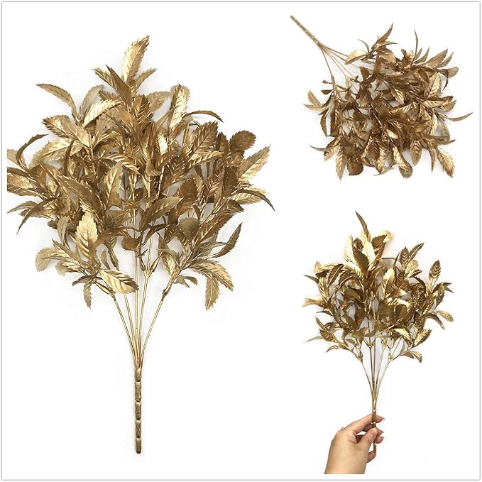PASYOU Artificial Plants for Christmas Decor, Plastic Grass Fake Shrubs Simulation Leaves Indoor Outdoor Home Garden Planter Filler Party Hotel Verandah Wedding Faux DIY Decoration - Gold 4 Pack
