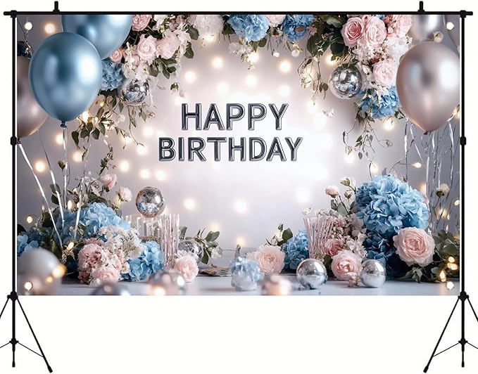 Blue Pink Happy Birthday Backdrop Banner Floral Balloon Photography Background Elegant Birthday Decorations Party Supplies Photo Booth Props 71x43 Inch