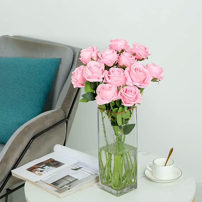 Hawesome FLORRALIA 12PCS Artificial Silk Flowers Realistic Roses Bouquet Long Stem for Home Wedding Decoration Party (12pcs-Pink) 1