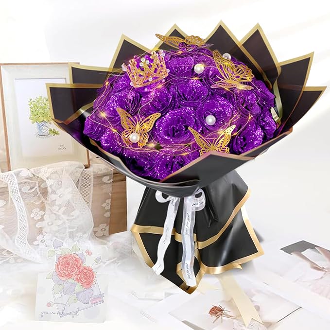 Purple Glitter Roses Bouquet, 36 Pcs Shiny Glitter Flowers Bouquet, Everlasting DIY Artificial Roses Bouquet for Christmas, Birthday, Anniversary, Wedding, Engagement,Mothers Day,Gifts
