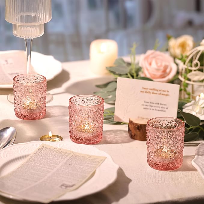 Pink Votive Candle Holder Set of 12, Flower Tea Lights Candles Holders for Wedding Table Centerpieces, Birthday Parties, Anniversary, Pink Bridal Shower and Holiday Decorations