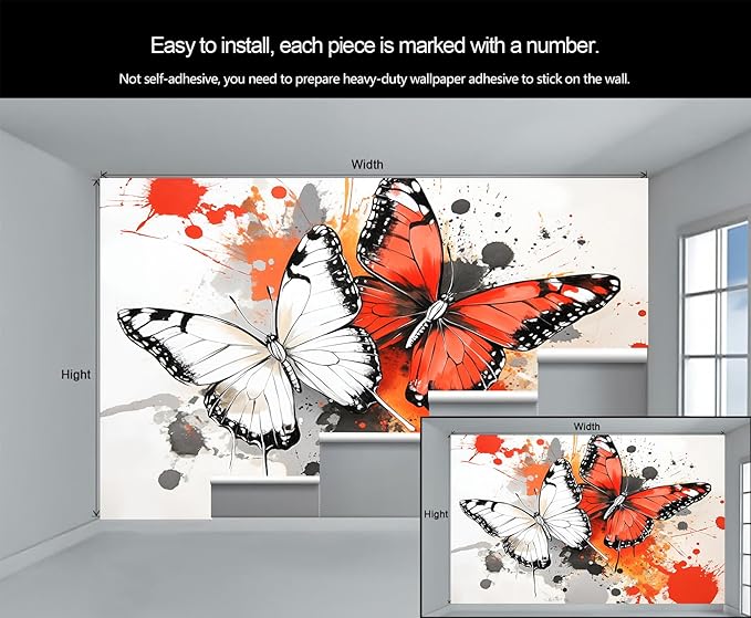 Modern Watercolor Butterfly Wall Mural, Abstract Butterfly 3D Wall Murals, Ink Painting Wallpaper Mural, for Living Room Bedroom Large Wallpaper Indoor Decor 98.4" W x68.9 H