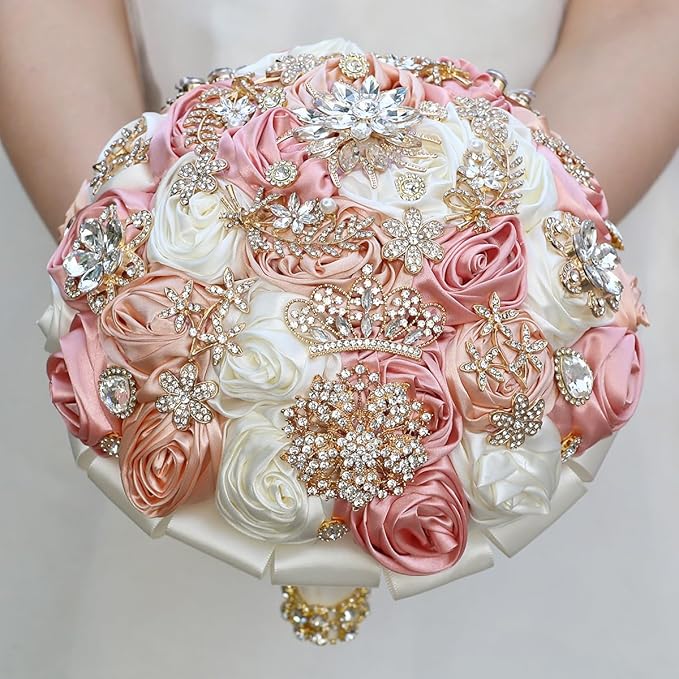 Handmade Satin Rose Floral Bling Pearl Decor Bridal Wedding Bouquet Rhinestone Pendant Artificial Brooch Flowers for Bride Bridesmaid Quinceanera