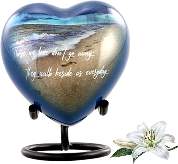Footprints Heart Keepsake Urn - Footprints Mini Cremation Urn for Ashes - Miniature Beach Sharing Urns - Memorial Blue Beach Urn with Dispaly Stand, Premium Box & Velvet Bag (Heart Keepsake)