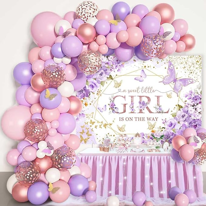 Sensfun Butterfly Baby Shower Backdrop A Sweet Little Girl is On The Way Photography Background Purple Butterfly Floral Princess Baby Shower Decorations Banner Party Supplies Photoshoot Props 8x6ft