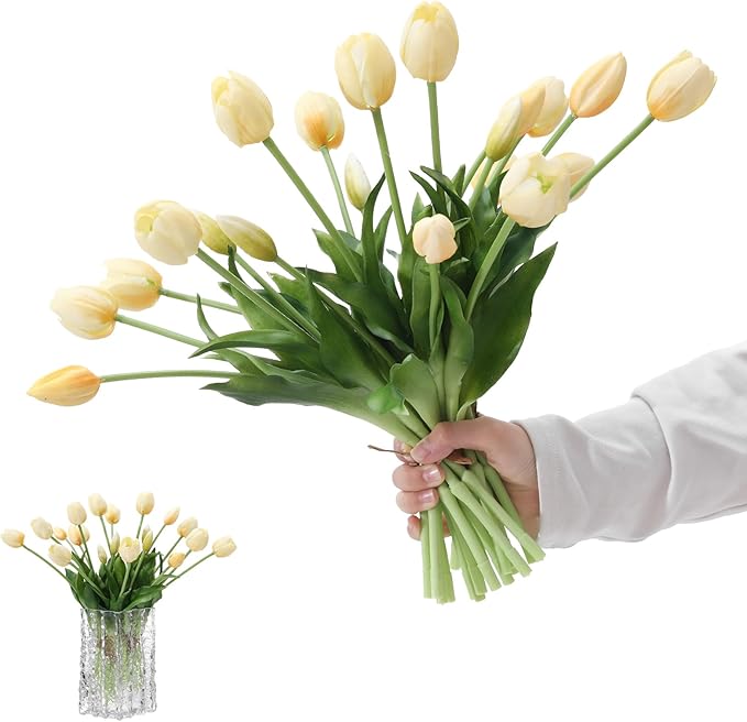 15PCS Artificial Tulips Real Touch Autumu White Faux Latex Flowers Lifelike Fake Tulip Bouquet Flowers Arrangements for Wedding Home Kitchen Garden Table Party Decoration