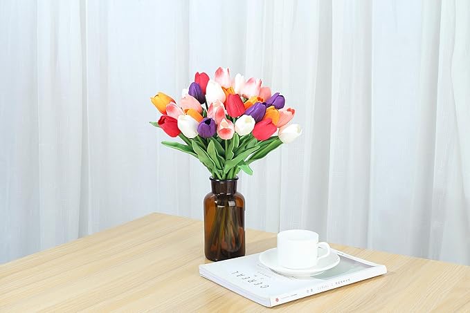 SITUMEIZI Fake Flowers Tulips Artificial Silk Flower 15pcs Real Touch 14" for Spring Easter Home Kitchen Wedding Bouquet Bulk Mother's Gift Day Decorations(Multicolor,6)