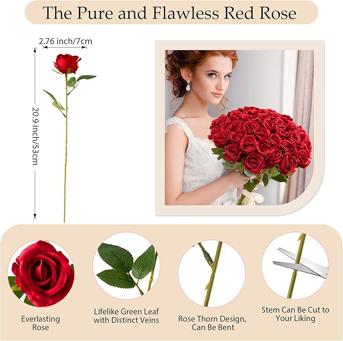 20Pcs Babys Breath Artificial Flowers Bulk, 12Pcs Fake Red Roses, DIY Wedding Flowers Bouquet, Realistic Faux Silk Flowers for Home Table Decor