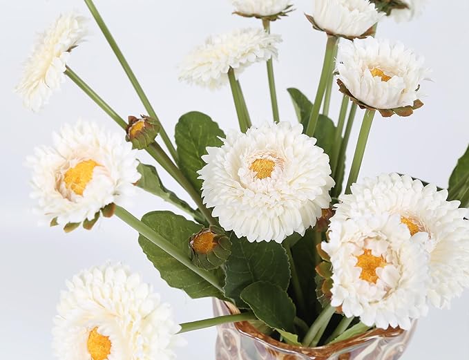 White Artificial Daisy Flowers 8pcs Faux Calendulas Flowers Silk Chrysanthemums with Stems for Floral Arrangements Home Wedding Dining Table Party Decoration(White)