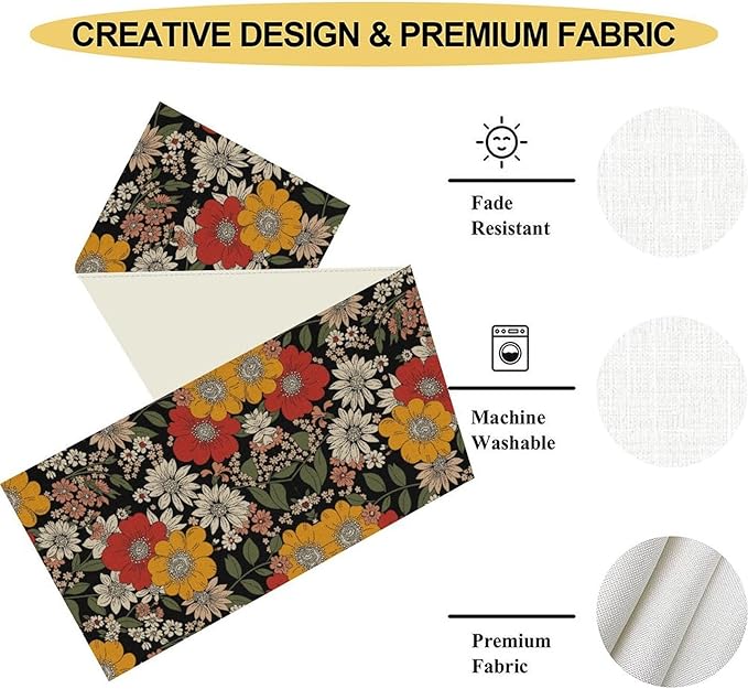 Boho Floral Table Runner, Colorful Vintage Flower Bohemian Floral Print Table Decor for Home Kitchen Dining Patio Holiday Party Indoor Outdoor Table Decorations 13x36 inch
