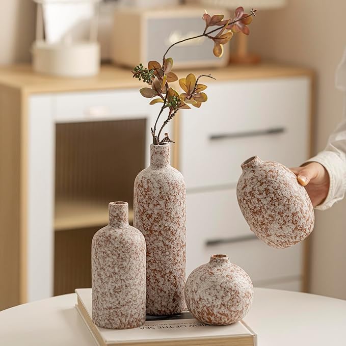 Modern Ceramic Vase Set, Neutral Colors, Decorative Vases for Home Decor, 4 Piece Collection (Stone)