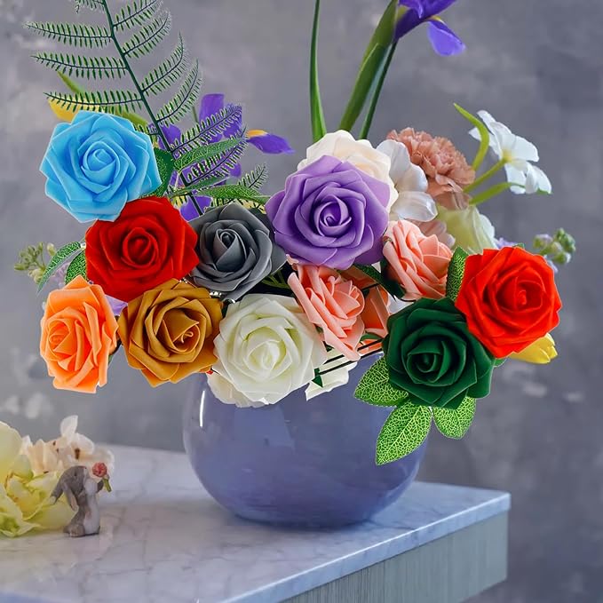 [25 PCS] Blue Roses Artificial Flowers with Long Stem Real Touch Fake Foam Roses for Decoration DIY Wedding Bouquets Centerpieces Bridal Shower