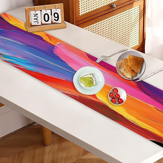 Vibrant Abstract Art Table Runner – 13x72 Inch Colorful Brushstroke Design on Linen-Look Fabric, Modern Artistic Dining Table Decor for Home, Parties & Creative Spaces