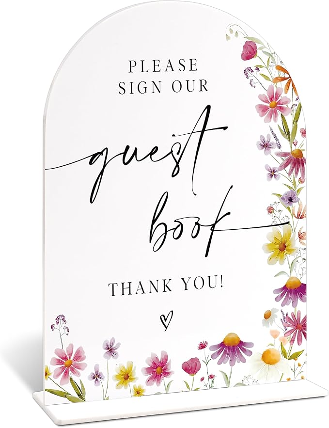 Please Sign Our Guestbook Sign for Wedding Table Decor, Wild Flower Arch Acrylic Wedding Signs for Reception, Floral Bridal Shower Engagement Party Decor for Baby In Bloom Baby Shower Decorations