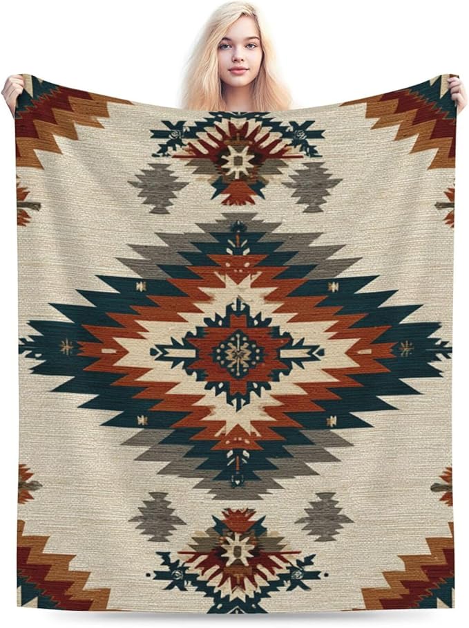 Boho Western Blanket Aztec Tribal Southwest Throw Blanket Southwestern Navajo Soft Cozy Fleece Fuzzy Stuffed Plush Flannel Gifts for Girls Women Boys Kids Adults 50''x60''