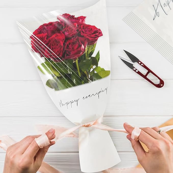 Hying 20 Pieces Flower Wrapping Bags for Bouquets, Floral Packing Sleeves White Paper Bouquet Bags Wrapping Sleeves for Teacher Graduation Wedding Mother's Day Gift