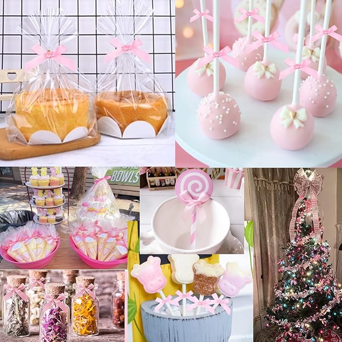 50 PCS 3 Inches Satin Bow Twist Ties, Ribbon Twist Tie Bows for Treat Bags, Pink Pretied Bows, Twist Bows, Tied Bows with Wire for Bags, Pre Tied Ribbon Bows for Baby Shower, Favors, Popcorn