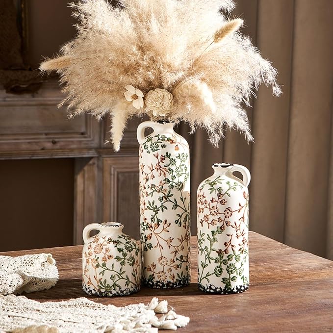 Ceramic Vase Set of 3, Vintage Green and Beige Vase, Chinoiserie Floral Vases, Rustic Farmhouse Ceramic Vases for Home Decor, Living Room, Kitchen Island, Bookshelf, Grand Millennial Decor