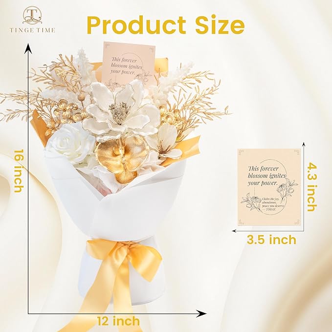 TINGE TIME White Gold Artificial Flowers Bouquet, Platinum Gift Bouquet for Women, Eternal Fake Flower Gift for Christmas Anniversary Birthday Home Décor (White & Gold)