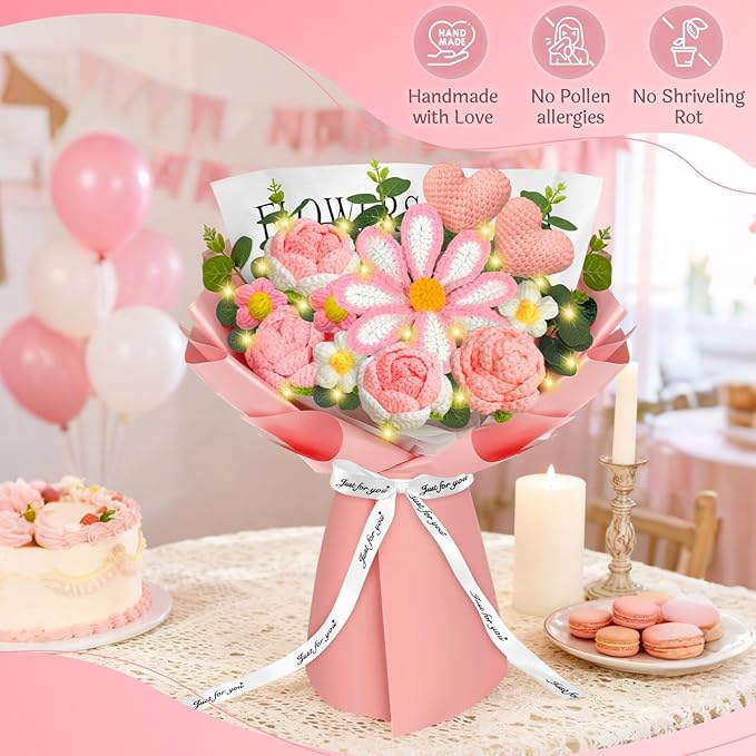 Crochet Flowers Bouquet with Lights,Handmade Knitted Roses Flowers, Gesang Flower, Crochet Heart, Crochet Gift for Wedding, Birthday, Anniversary, Mother’s Day for Her, Girlfriend, Wife, Women (Pink)