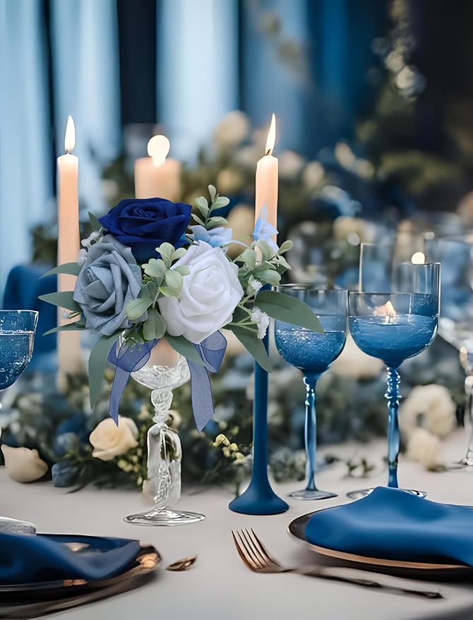 Marriwise Set of 6 Navy Blue Assorted Wedding Flower Centerpieces Pre-Made Mini Bridesmaid Bouquets Artificial Floral Rose Table Decor for Outdoor Beach Wedding Decorations Shower Home Decor