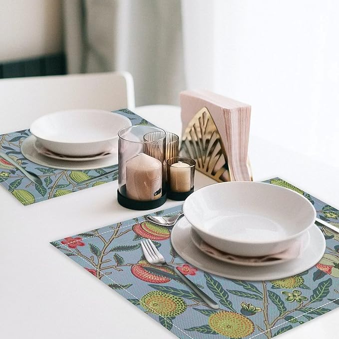 Vintage Fruit Placemats Set of 6, William Morris Retro Boho Flower Botanical Plant Place Mats, Heat Resistant Non Slip Cotton Linen Dining Table Mats for Home Kitchen Party 18x12 Inch