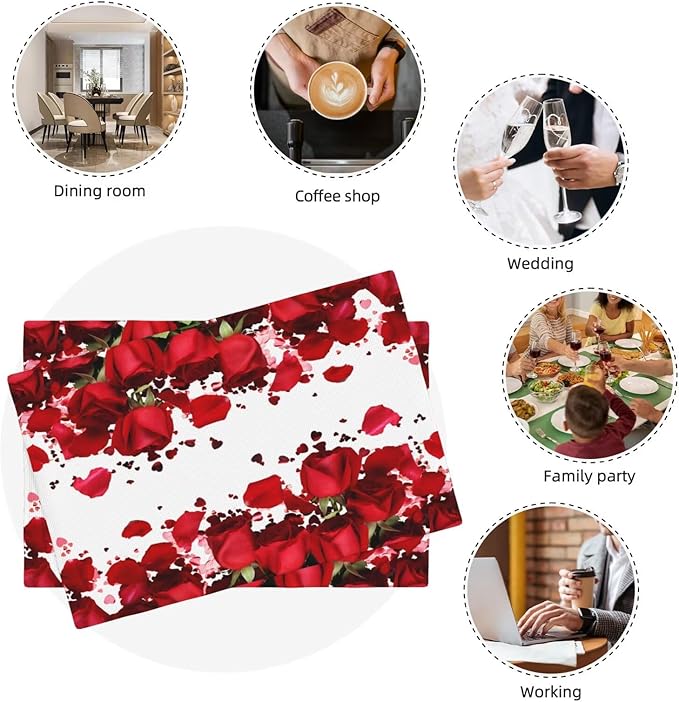 Rose Linen Table Placemats Set of 4 Romantic Red Flowers Place Mats for Home Party Kitchen Indoor Holiday Rustic Washable Heat Resistant Table Mats 12 x 18 Inch