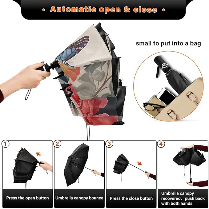 Automatic Folding Umbrella Windproof Strong, UV Protection Compact Floral Hydrangea Hummingbird Sun Rain Sun Rain Travel Umbrellas for Women Men