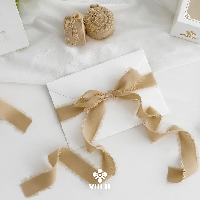 MEEDEE Beige Chiffon Ribbon 1 Inch Fringe Ribbons Cream Chiffon Silk Frayed Edge Ribbon Thin Chiffon Ribbons for Crafts, Gift Wrapping, Wedding Invitation (3 Rolls 21 Yards)