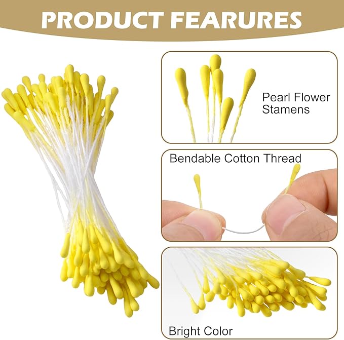 VARMDUKKE 800pcs Double Heads Handmade Flower Stamens, 2 mm Pearl Stamens for Flower Making, Artificial Floral Pistil for DIY Crafts, Wedding, Christmas Decoration (Yellow)