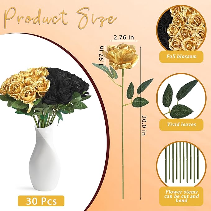 30pcs Fake Roses Artificial Silk Flowers Long Stems Bouquet for Wedding Bridal Shower Party Home Decoration (Black + Gold)