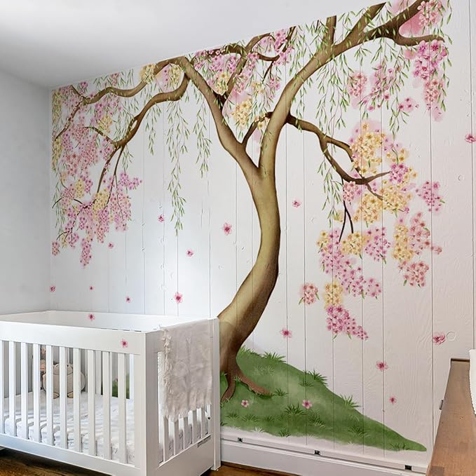 Large Pink and Yellow Cherry Blossom Tree Wall Decals Green Leaves Wall Stickers, Large Floral Wall Stickers for Living Room Tv Background Bedroom Wall Decor, 52.36 x 41.99 inches