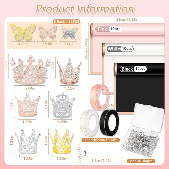 BAO-HUA-A2 Floral Bouquet Wrapping Kit, 60 Sheets Waterproof Paper, Black Pink Beige With Ribbons, Flower Pins, 3D Butterflies & Crowns for Florist Wrap