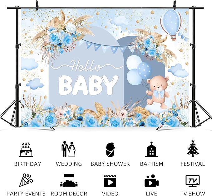 10x8ft Hello Baby Backdrop Blue Gold Boho Floral Bear Baby Shower Photography Background Balloon Stars Clouds Banner Decorations Welcome Newborn Celebration Party Portrait Photo Booth Prop