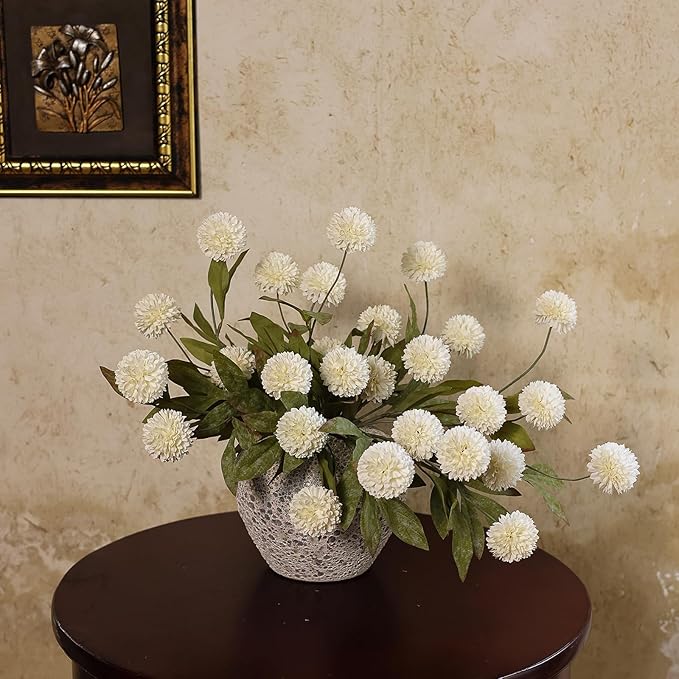 12 Pcs Faux Silk Pompon Mum Artificial Flowers for Vase -27", Bulk Fake Chrysanth Branches with Stems for DIY Bouquet Centerpieces Wedding Fillers Arrangements Shower Decorations (Cream)