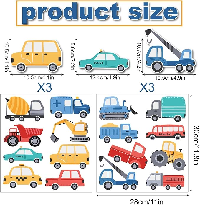 Cartoon Car Wall Stickers for Kids Room 48PCS Racecar Truck Vinyl Decals Waterproof Removable Vehicle Stickers for Nursery Playroom Decor Easy to Apply Reposition (Transportation Theme)