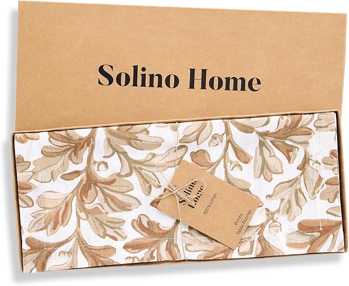 Solino Home 100% Pure Linen Fall Table Runner 108 Inches Long - Floral Print Table Runner 14 x 108 Inch for Autumn - Handcrafted and Machine Washable - Fallen Leaves Print