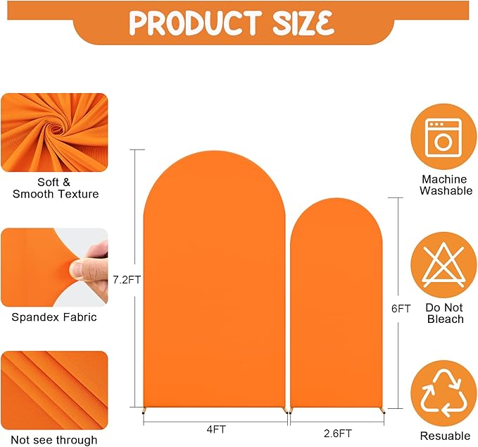 Orange Arch Backdrop Covers - 7.2FT, 6FT Spandex Fitted Wedding Arch Stand Covers Round Top Chiara Stretchy Arch Backdrop Cover for Thanksgiving Wedding Birthday Party Decoration