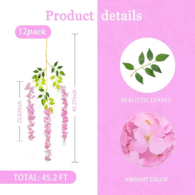 12 Pack Pink Wisteria Hanging Flowers Garland, 3.77 Feet Artificial Flower Vines, Fake Wisteria, Artificial Vines Hanging Garland for Backdrop Outdoor Yard Garden Decor