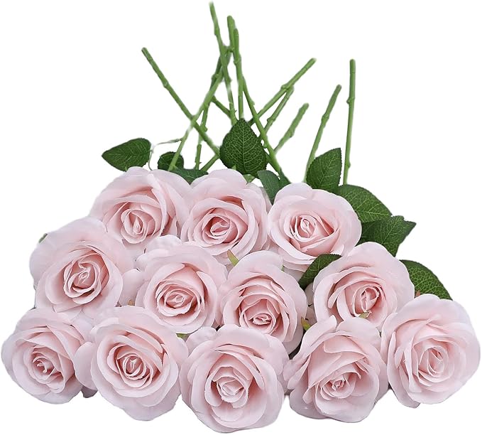 12pcs Roses Artificial Flowers Real Touch Fake Flowers with Long Stems Silk Flowers for Wedding Bouquet Centerpices Decorations Party Bridal Baby Shower Home Decor (Dusty Pink)