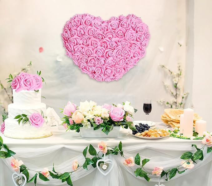 IPOPU 100pcs Pink Foam Rose Artificial Flower Bulk with Crystal 3in Real Looking Stemless Fake Roses for DIY Craft Wedding Bouquets Wall Decoration Bridal Shower Arrangement Home Decorations(Pink)